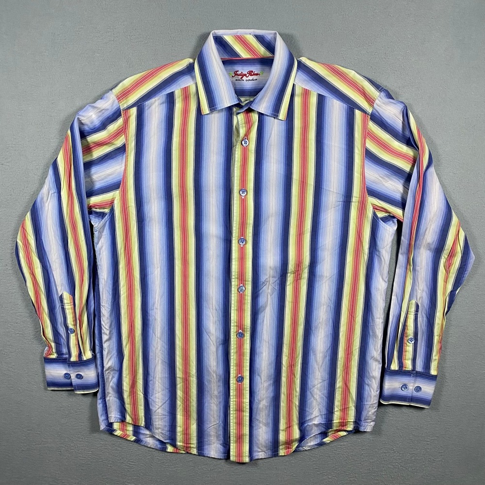 Vintage Indigo Palms Mens M Striped Button Down Blue Yellow Red Long Sleeve - Picture 2 of 6
